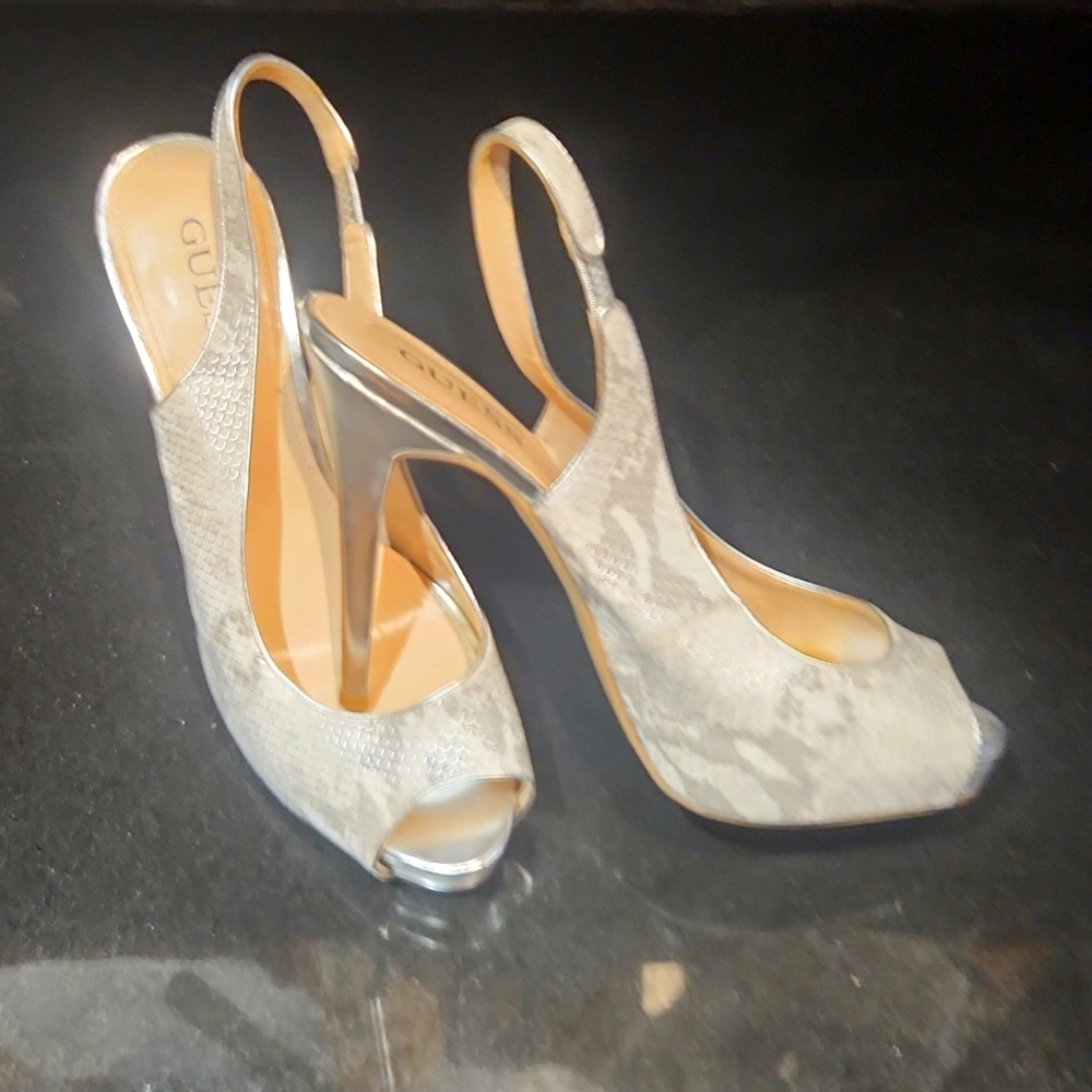 Guess Stilletos snakeskin size 11 white and silver